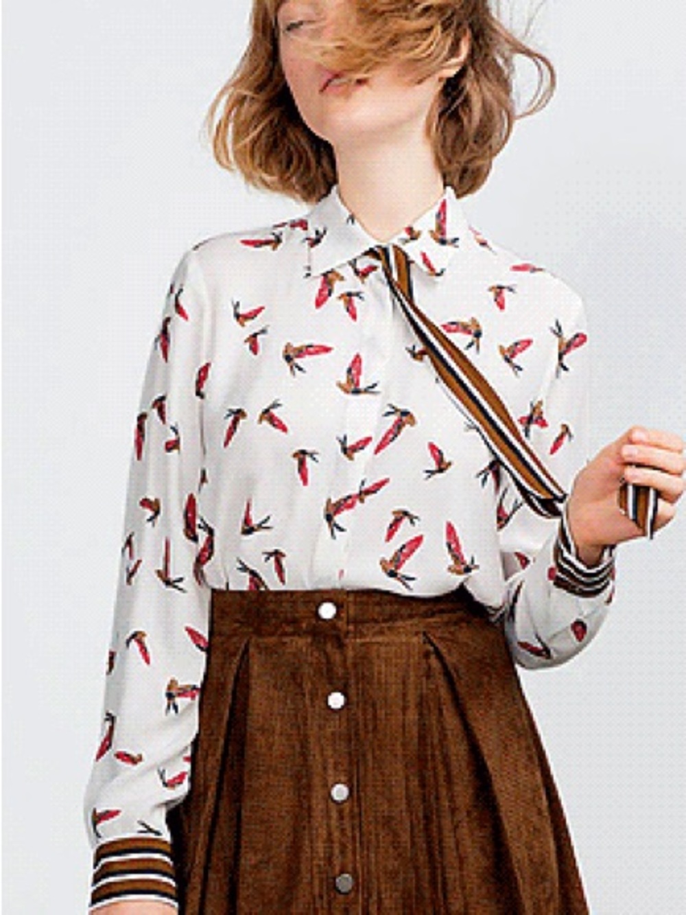 Zara bird print button blouse M